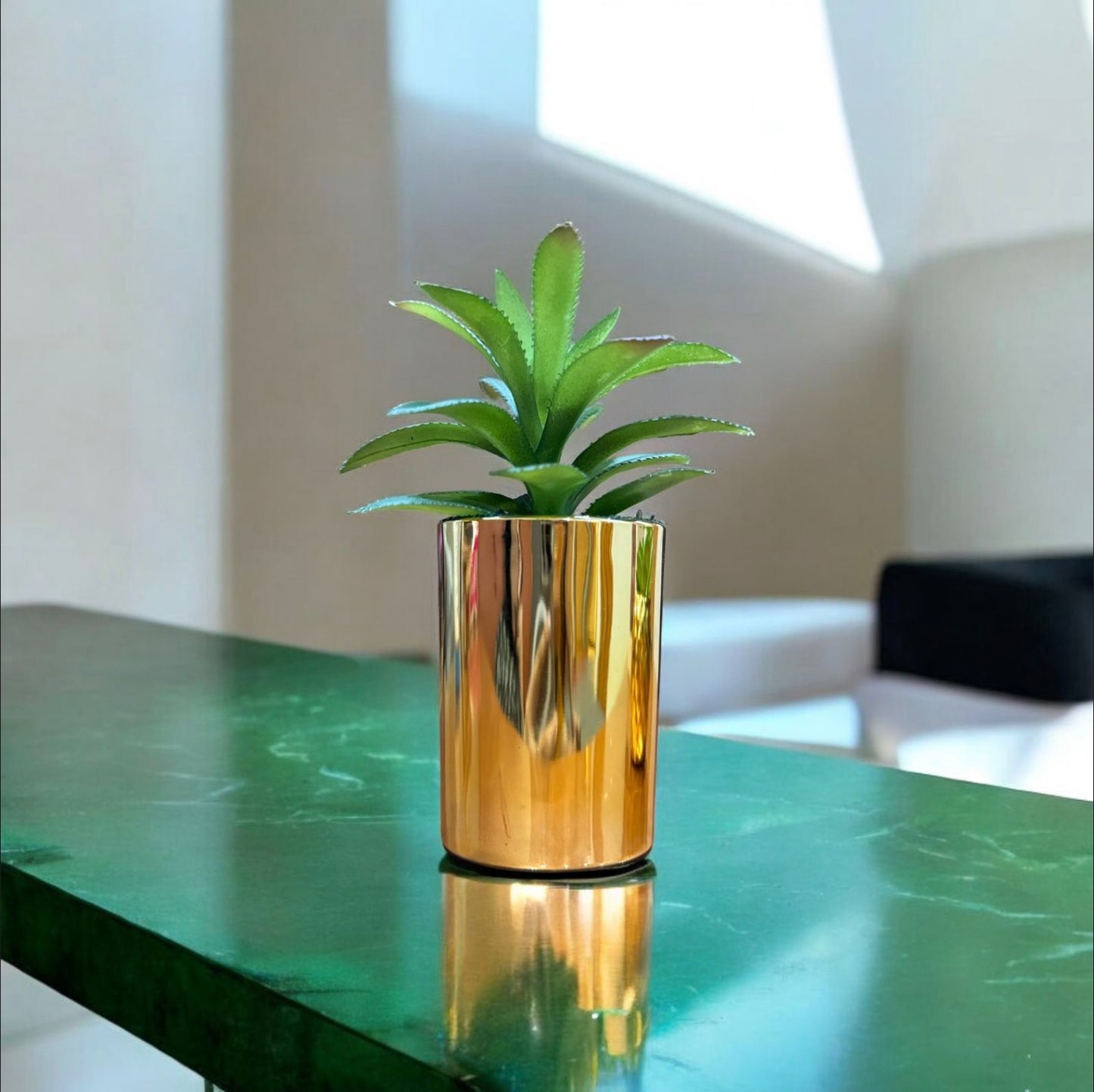 Elegant Green Plant in Golden Vase - Perfect Home Decor