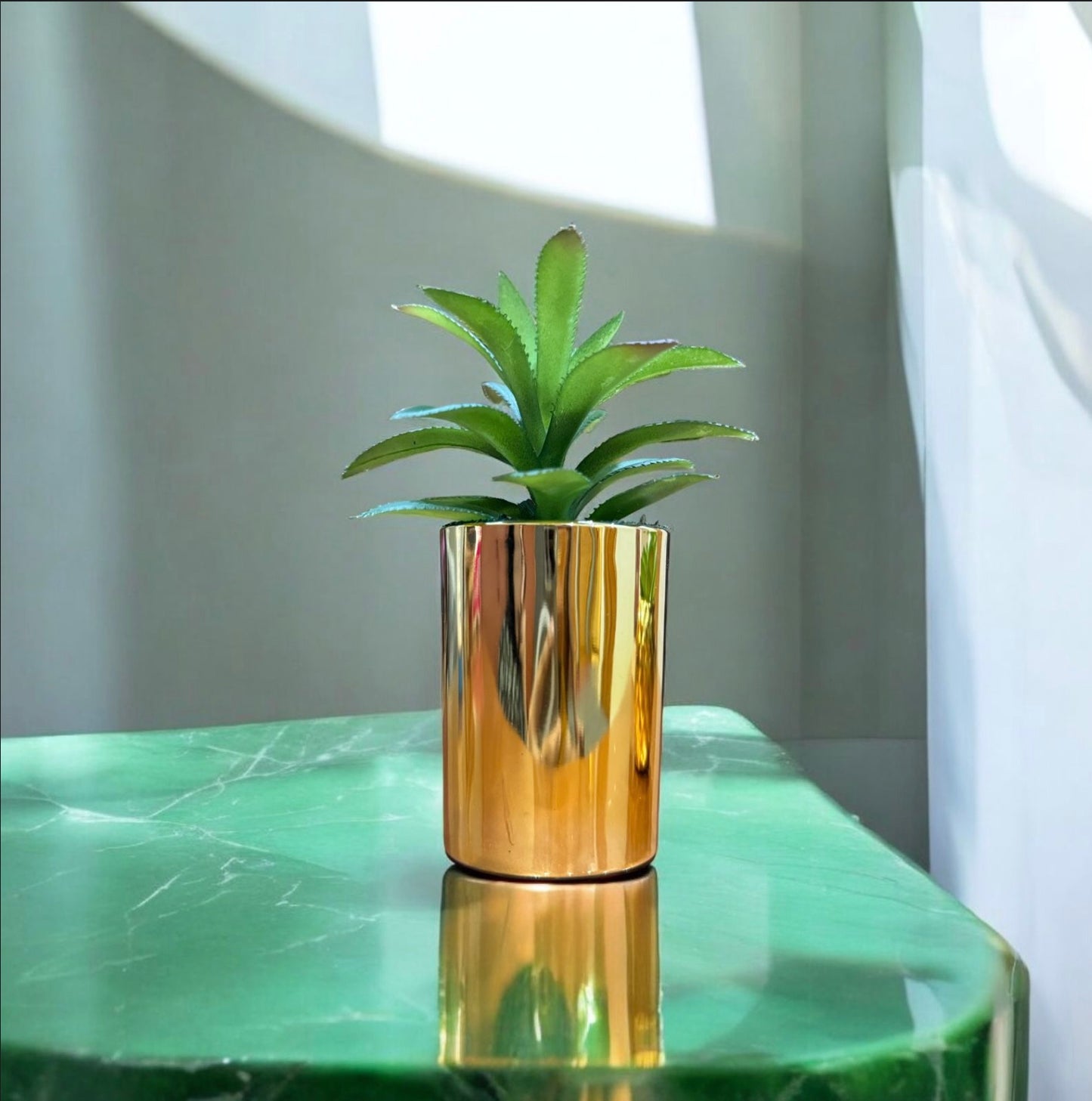 Elegant Green Plant in Golden Vase - Perfect Home Decor