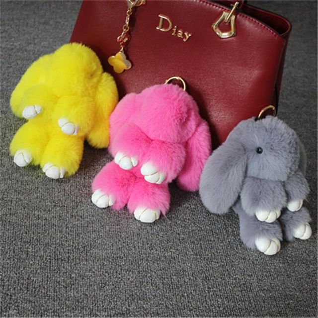 Cute 18CM Fluffy Faux Fur Pompom Rabbit Keychain Women Girls Plush Bunny Key Ring On Bag Car Trinket Wedding Party Toys Gift