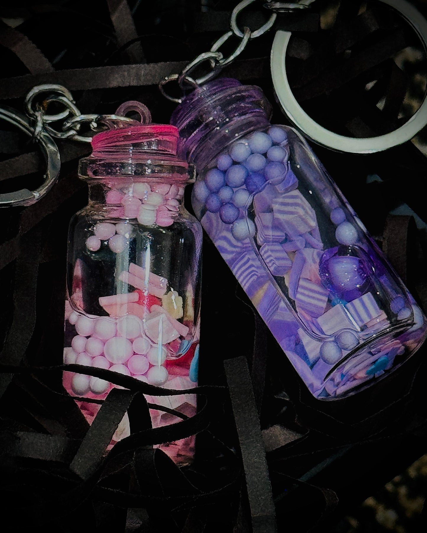 Miniature Jar Keychain with Decorative Beads - Cute and Unique Key Ring | Purple Beads in Bottle Design