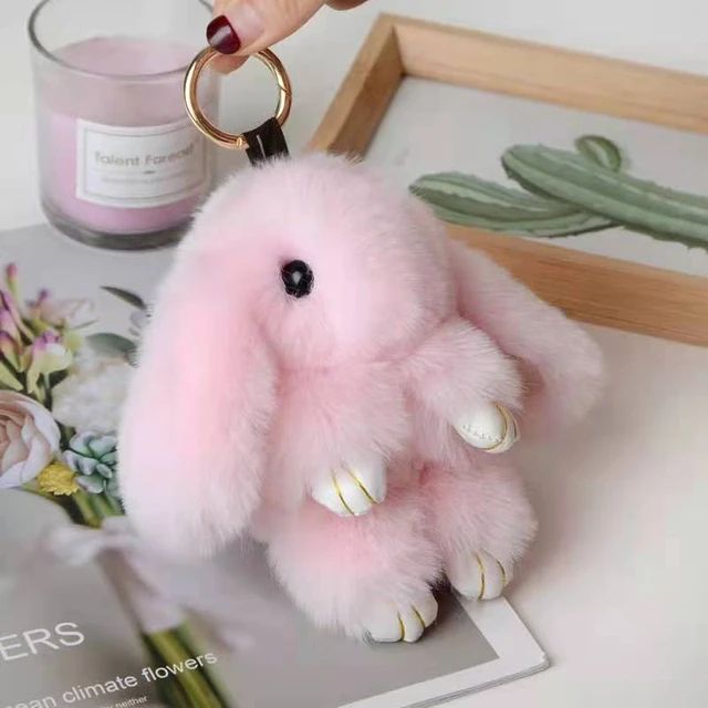 Cute 18CM Fluffy Faux Fur Pompom Rabbit Keychain Women Girls Plush Bunny Key Ring On Bag Car Trinket Wedding Party Toys Gift