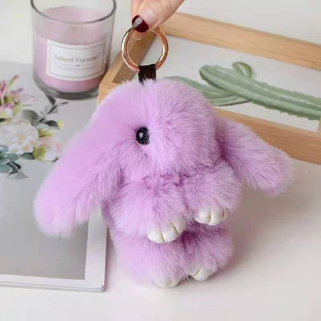 Cute 18CM Fluffy Faux Fur Pompom Rabbit Keychain Women Girls Plush Bunny Key Ring On Bag Car Trinket Wedding Party Toys Gift